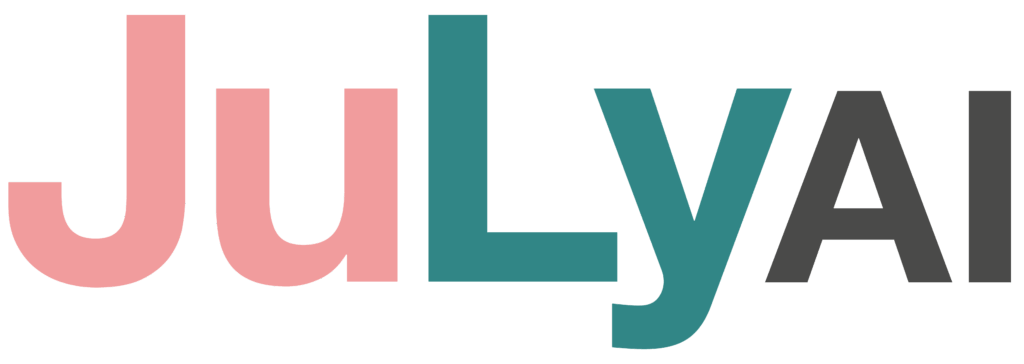 Logo von JuLy AI: Der Schriftzug ‚JuLyAI‘ in modernem Sans-Serif-Font, mit den Buchstaben ‚JuL‘ in Rosa, ‚Y‘ in Türkis und ‚AI‘ in Dunkelgrau
